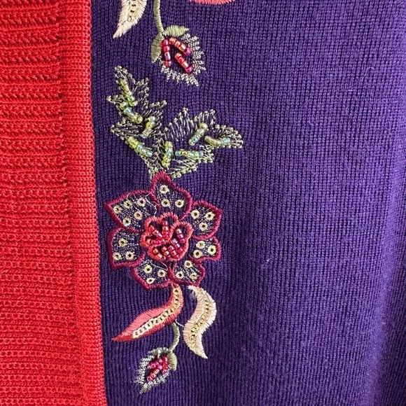 Wool‎ Blend Beaded Embroidered Sequin Open Cardigan Sweater Purple Red Floral - Picture 14 of 17